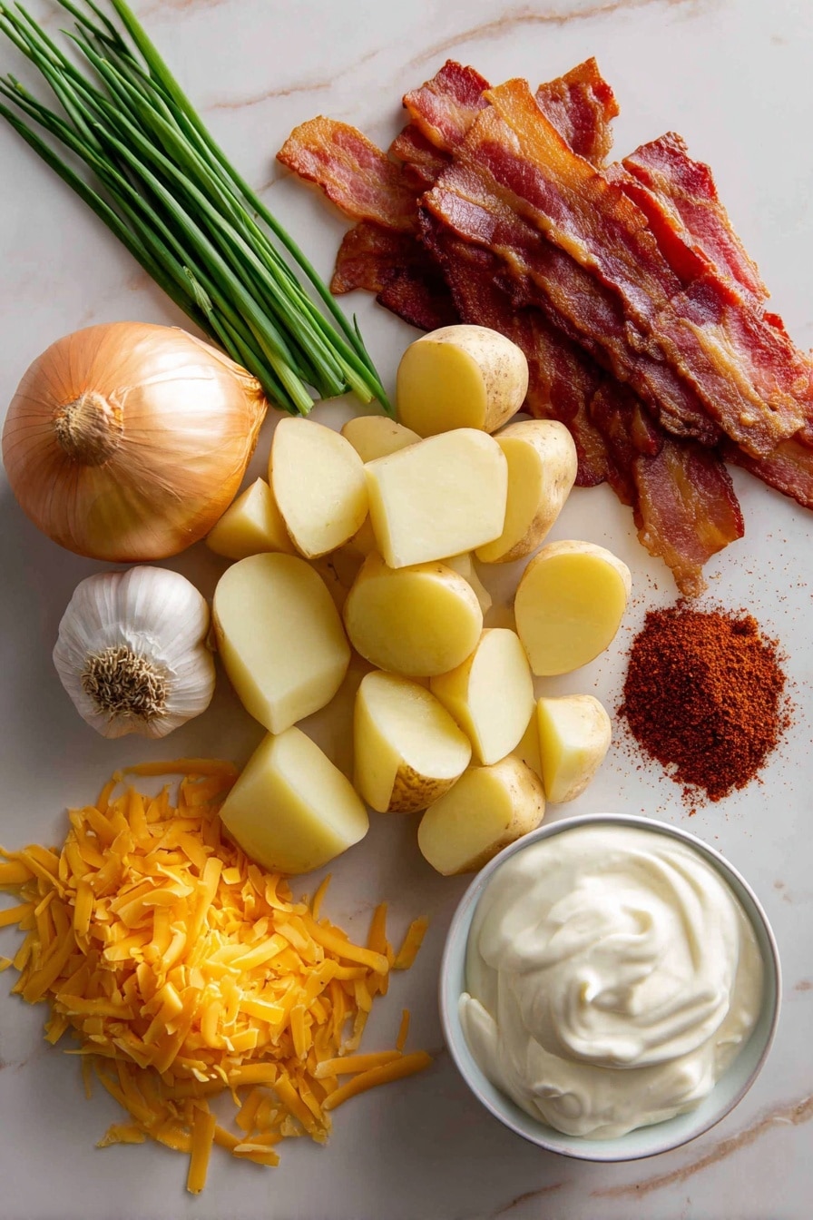 Flat lay of fresh golden potatoes peeled and diced, crisp raw bacon strips in a rich reddish-brown hue, a medium yellow onion with its papery skin partially peeled to reveal pale layers, three plump garlic cloves with smooth white skins, vibrant green chives with slender stalks, a small pile of shredded bright orange cheddar cheese, a dollop of creamy white sour cream with a glossy texture, and a small heap of deep reddish-brown ancho chili powder, all beautifully arranged with natural spacing and soft natural light highlighting their colors and textures, placed on white marbled surface, photo taken with an iphone --ar 2:3 --v 7