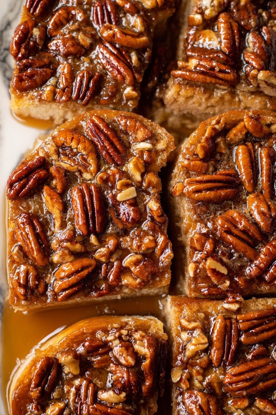 The image shows a close-up of several thick, golden-brown slices of bread soaked in a shiny, syrupy glaze, all topped with a generous layer of whole and broken pecan nuts. The bread slices are arranged tightly together, each covered with rich, caramel-colored syrup that pools slightly around the edges. The texture of the bread looks soft and soaked, while the pecans provide a firm, crunchy contrast with their deep brown, glossy finish. The background is a white marbled texture. photo taken with an iphone --ar 2:3 --v 7