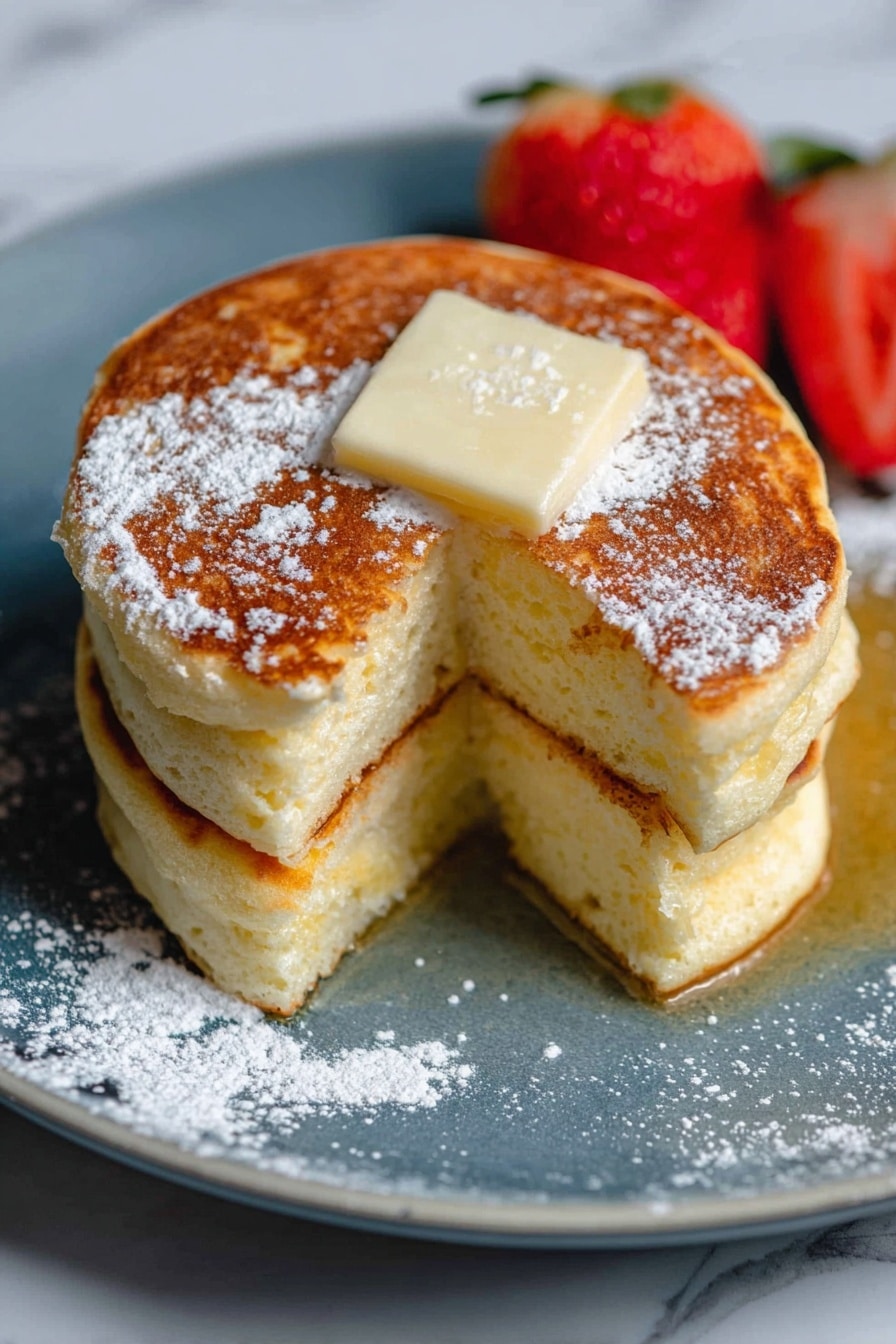 A stack of three thick, fluffy pancakes with a golden-brown top layer sits on a white plate, with a square of melting butter resting on the top pancake. The pancakes have a soft, light texture inside, visible where a slice is taken out from the side. Light powdered sugar is dusted over the top and around the plate. In the background, two halved fresh strawberries add a pop of red color. The plate is set on a white marbled surface. Photo taken with an iphone --ar 2:3 --v 7