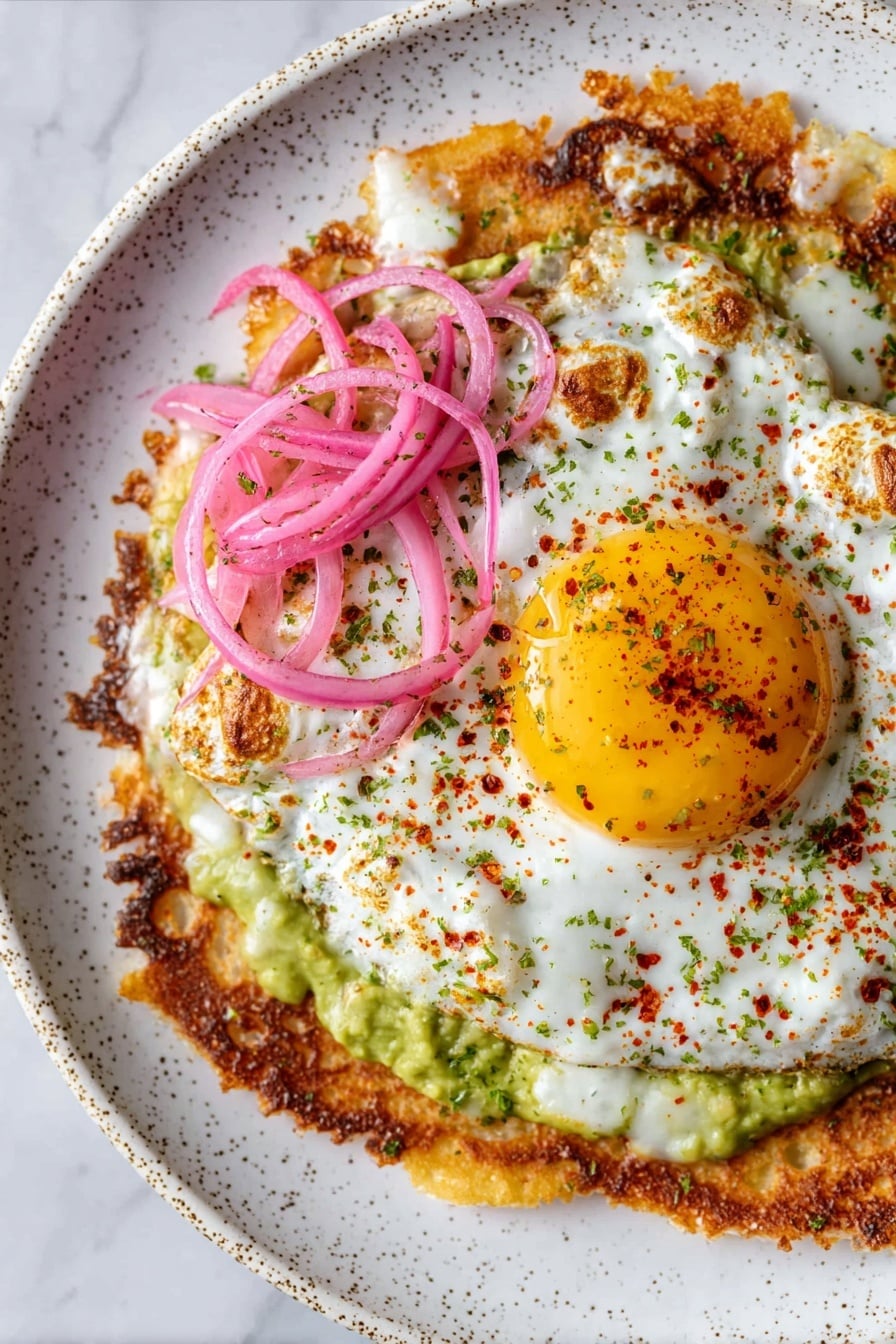 The dish shows three main layers on a white plate with a speckled edge, placed on a white marbled surface. The bottom layer is a soft, mashed green avocado spread evenly across the base. On top of that is a crispy, golden brown tortilla with bubbly, toasted edges and patches of melted white cheese. The top layer is a sunny side up fried egg with a bright yellow yolk in the center, surrounded by white egg whites that have some toasted spots. Thin pink pickled onion slices curl beside the yolk, adding a pop of color. The egg is sprinkled with red chili flakes and dried herbs to finish the look. Photo taken with an iphone --ar 2:3 --v 7