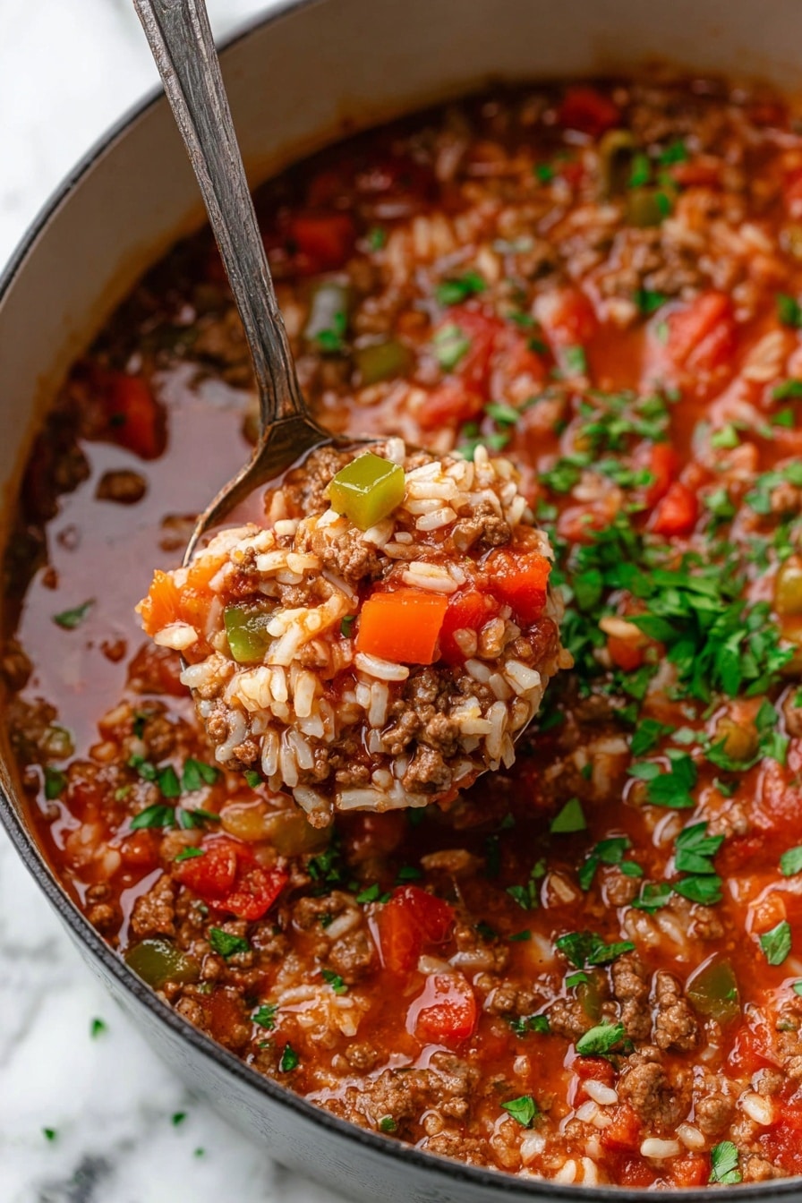 A close-up of a white bowl filled with a stew made of rice, ground meat, large red tomato chunks, and green bell pepper pieces, all covered in a light reddish broth and topped with chopped green herbs. A silver spoon scoops a portion of the stew showing the mix of ingredients clearly. The bowl sits on a white plate placed on a white marbled background. Small bits of herbs are scattered on the surface around the bowl. photo taken with an iphone --ar 2:3 --v 7