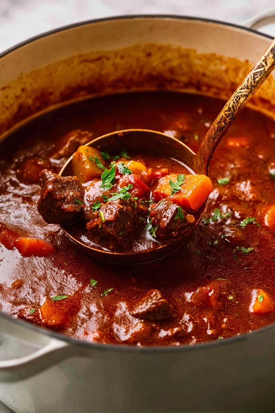Hungarian goulash - A large white pot filled with rich, dark red stew showing chunks of tender brown beef, orange and yellow diced vegetables, and small pieces of red pepper, all mixed in a thick sauce. A golden spoon rests inside the pot, partially submerged in the stew. Two pieces of crusty bread with a golden-brown top are placed near the pot. Bright red and orange autumn leaves decorate the background, which is a white marbled surface. Photo taken with an iphone --ar 2:3 --v 7