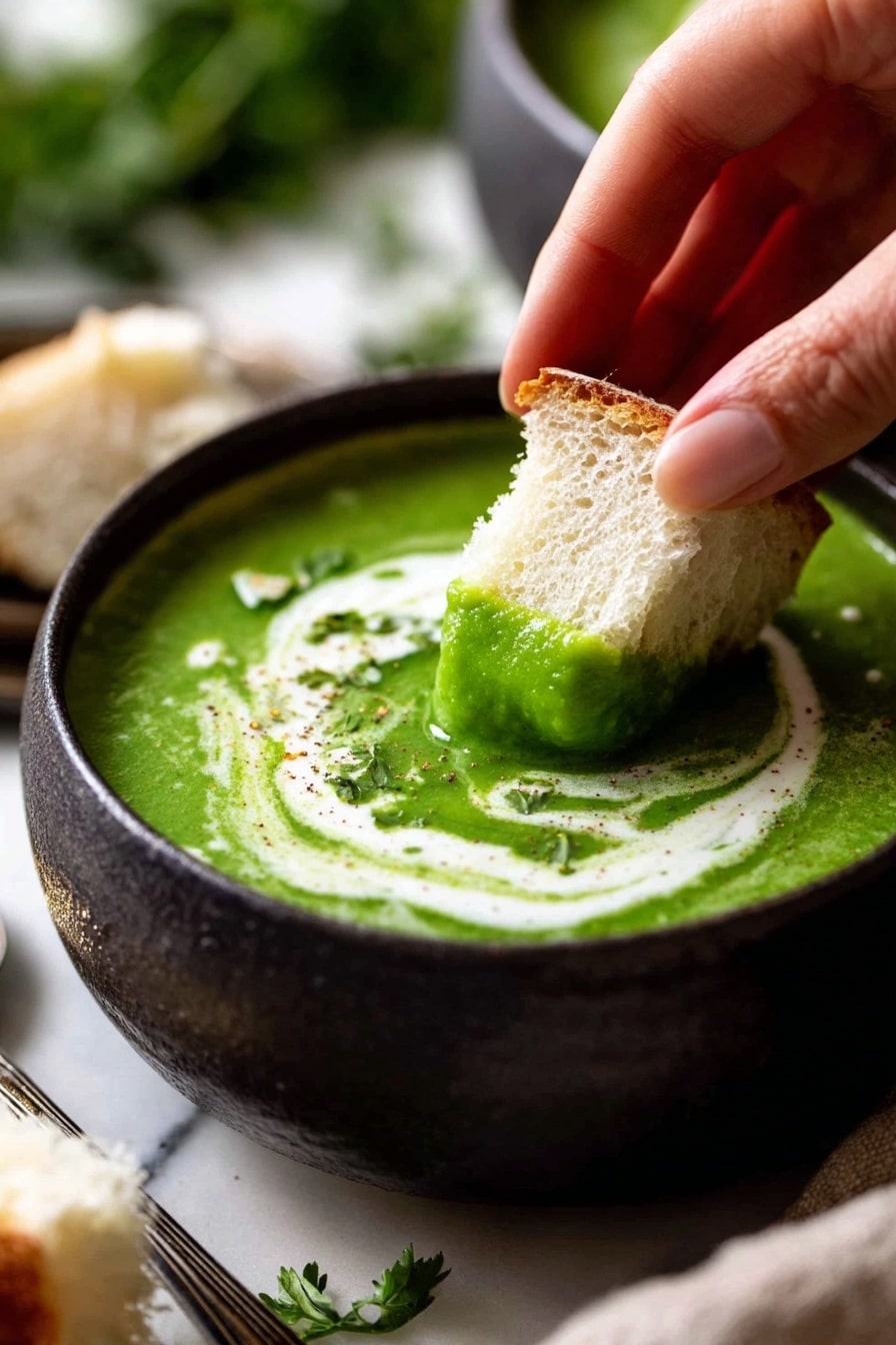 Three white bowls hold a thick, bright green soup with a smooth texture. Each bowl has a swirl of white cream on the top, decorated with small sunflower seeds and drops of golden olive oil. One bowl has a silver spoon placed inside. The bowls sit on a soft grey cloth with a zigzag pattern, surrounded by fresh green kale leaves and pieces of light beige bread with soft insides. The background is a white marbled surface. photo taken with an iphone --ar 2:3 --v 7