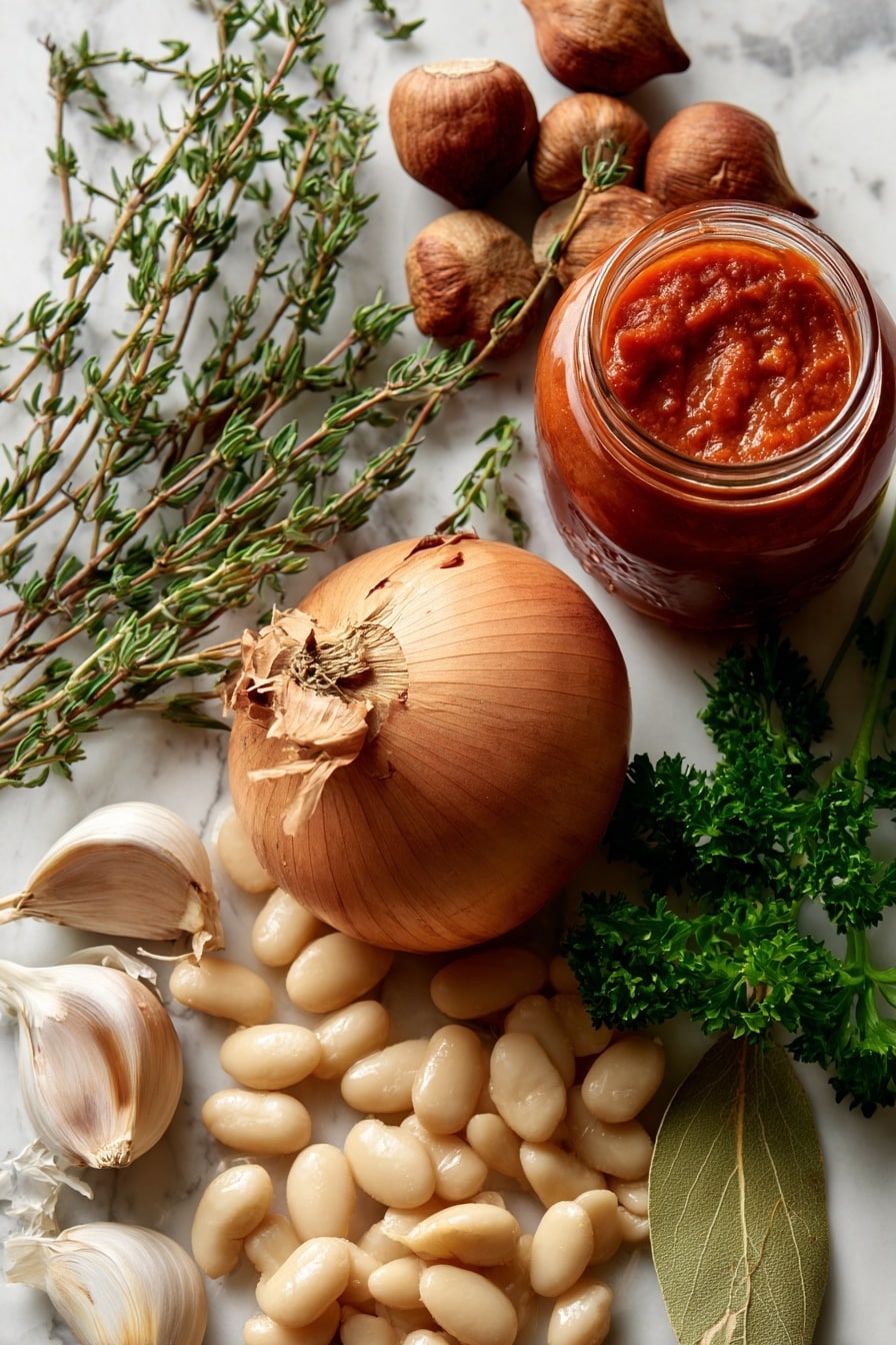 Flat lay of large brown onion with its dry papery skin and pale purple layers, whole fresh garlic cloves with smooth white skin, vibrant green sprigs of fresh thyme and rosemary showing delicate needle-like leaves, bright green parsley leaves roughly chopped, plump creamy white cannellini beans spread out, a small glass jar of thick rich red tomato passata, whole hazelnuts with golden brown skin and a few lightly toasted skins, fresh glossy bay leaf with deep green color, all naturally arranged with some herbs overlapping the beans and nuts scattered softly, placed on white marbled surface, photo taken with an iphone --ar 2:3 --v 7