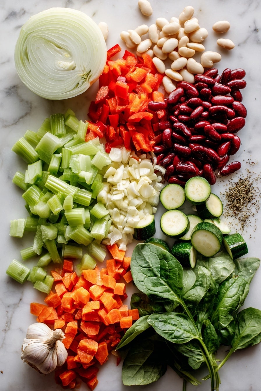 Flat lay of fresh white onion with its smooth, pale layers next to vibrant green celery ribs, bright orange diced carrots, and fresh zucchini pieces showing their light green skin and soft interior. Nearby, a small pile of minced garlic cloves with creamy white color and papery skin scattered gently around. Ripe red diced tomatoes spilling over from a can, plump white cannellini beans contrasting with deep red kidney beans, and a handful of fresh baby spinach leaves with crinkly dark green texture all arranged naturally. A sprinkle of dried basil and oregano adds subtle earthy tones, placed on white marbled surface, photo taken with an iphone --ar 2:3 --v 7