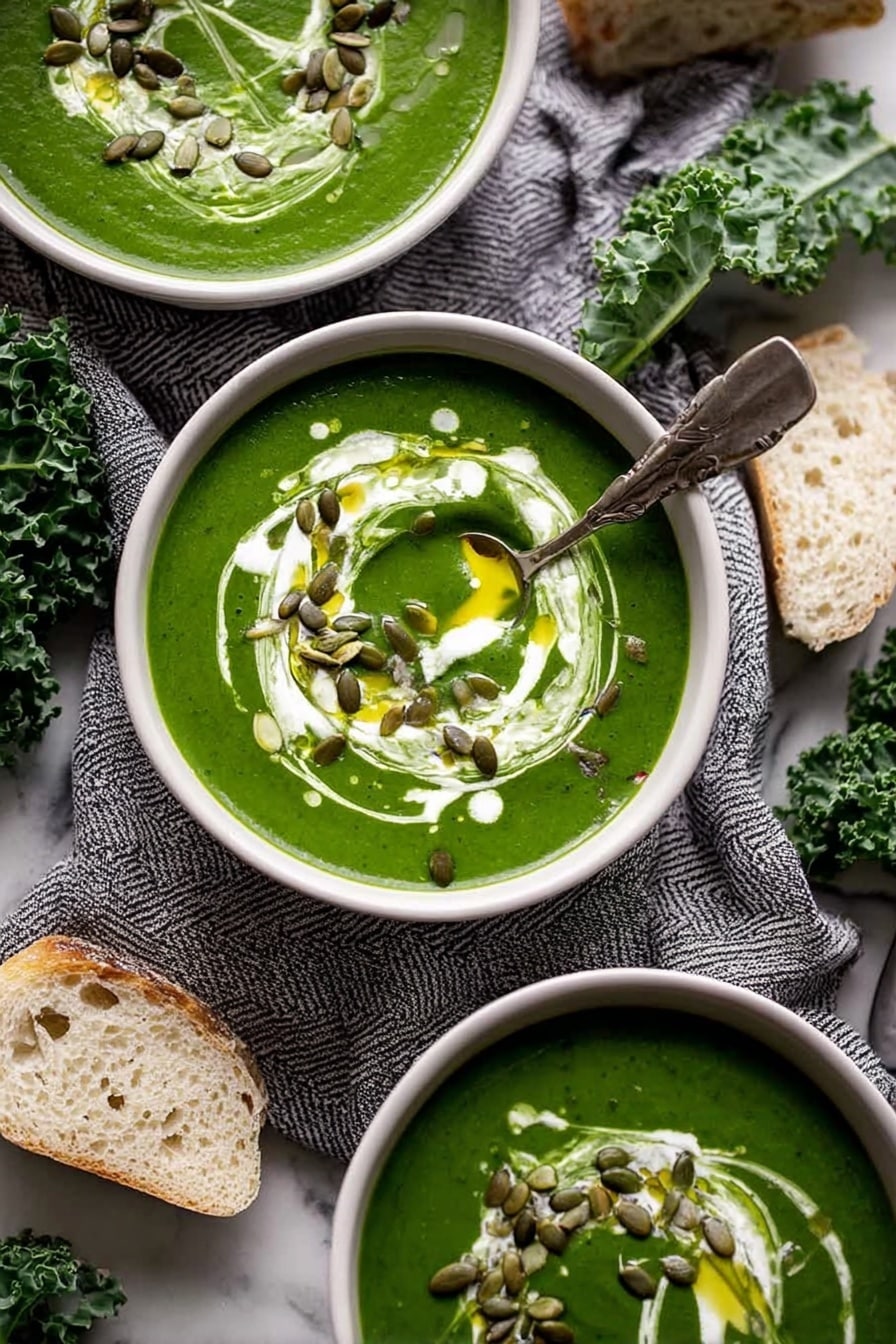 The image shows a bowl of thick green soup with a creamy white swirl on top, creating a soft contrast in color and texture. In the center, a piece of light, soft bread is being dipped into the soup by a woman's hand. The soup looks smooth with tiny bits visible and some small seeds or grains sprinkled on the surface. The bowl is white, placed on a white marbled surface, and in the background, there is another similar bowl with soup, slightly out of focus. The whole picture is lit softly, emphasizing the fresh green color of the soup and the texture of the bread. Photo taken with an iphone --ar 2:3 --v 7
